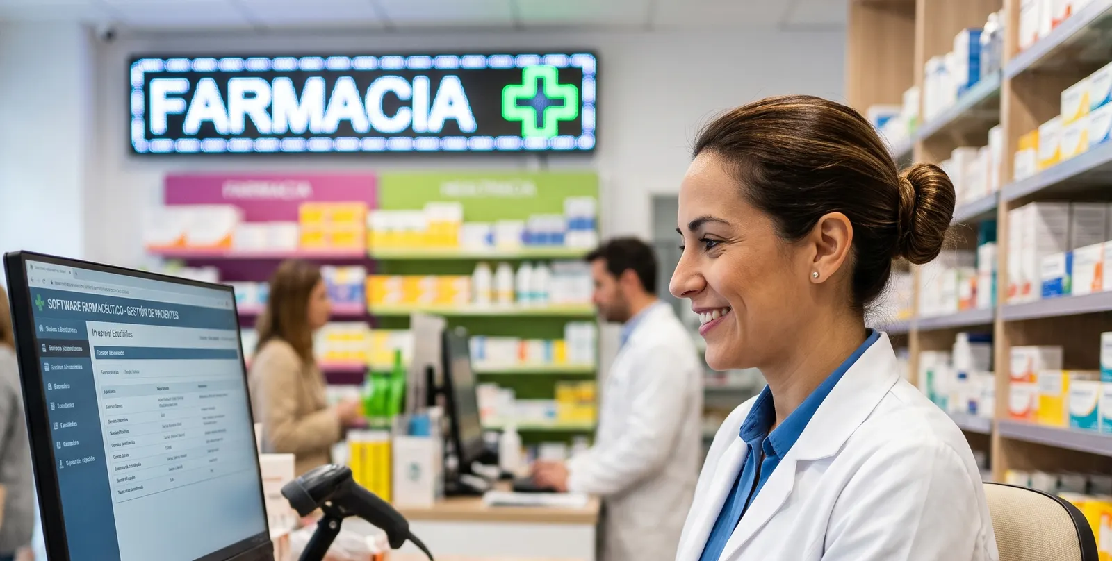 Farmacia con su cartel luminoso, el mostrador y una farmacéutica atendiendo